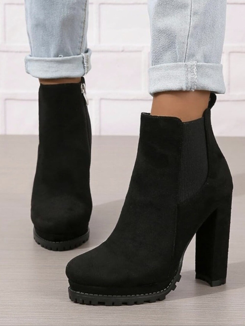 NIB Platform Chunky Block Heel Lug Sole Chelsea Boot | Black Suede | 8